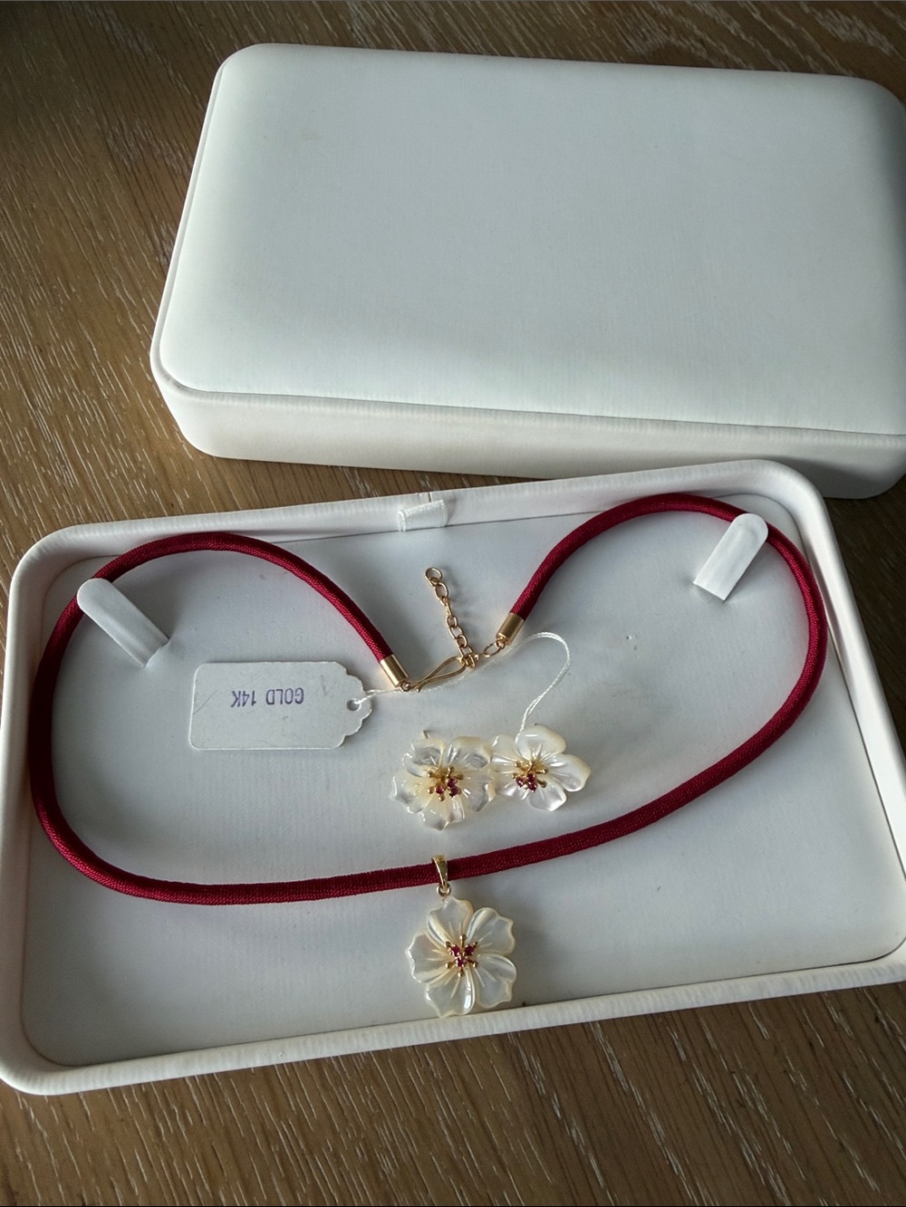 14K Mother of Pearl Ruby Floral Earrings and Necklace on RED Cord